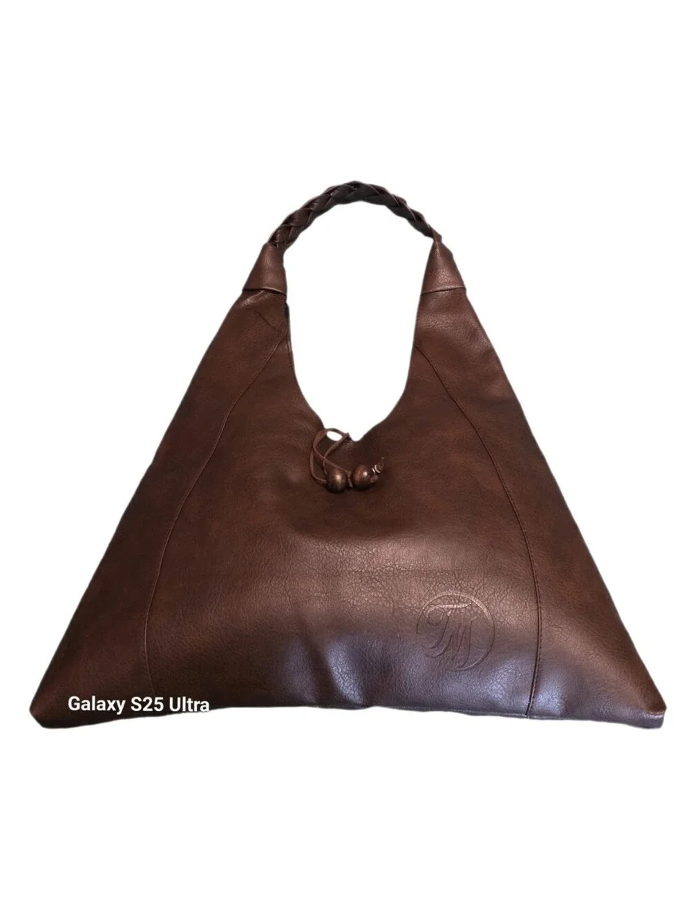 Terramar Chic Chocolate Brown Faux Leather Hobo Bag Braided Strap Accent Beads